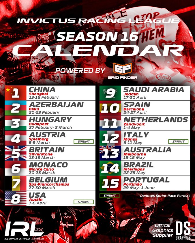 InvictusRL's tweet photo. 💥Calendar Reveal - IRL Season 16💥 

We are pleased to reveal the IRL Calendar for the upcoming 16th Season!

With just 1 week to go until Lights Out, we are looking forward to some great tracks for our Drivers to battle it out for the Championship!🏆

@GridFinder
#F1 https://t.co/hwAKR1QRPu