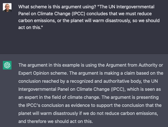 sbuckshum's tweet image. I'm impressed that #ChatGPT not only knows what Doug Walton's #Argumentation Schemes are (en.wikipedia.org/wiki/Argumenta…) but that it can recognise them, and critique them
