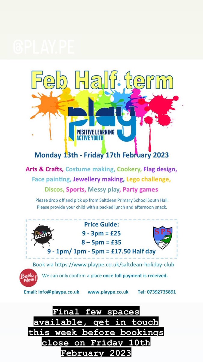 PLAY at Saltdean (@playsaltdean) on Twitter photo ⛔️ Limited space available, book now to avoid disappointment.
Bookings close at 3:00pm Friday 10th February 2023
📧 Info@plaype.co.uk
plaype.co.uk/Saltdean-prima… ⛔️ Limited space available, book now to avoid disappointment.
Bookings close at 3:00pm Friday 10th February 2023
📧 Info@plaype.co.uk
plaype.co.uk/Saltdean-prima…