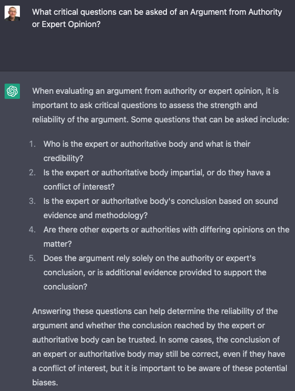 sbuckshum's tweet image. I'm impressed that #ChatGPT not only knows what Doug Walton's #Argumentation Schemes are (en.wikipedia.org/wiki/Argumenta…) but that it can recognise them, and critique them