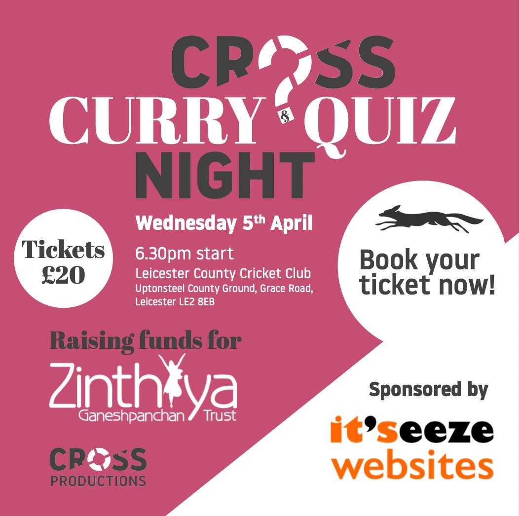 Cross Productions (@crossprod_uk) on Twitter photo Do you have a winning quiz team at your office?🤔💡
Sponsored by <a href="/itseezeLeics/">it'seeze Leicester</a>, our 2023 Curry Quiz night will take place at <a href="/leicsccc/">Leicestershire Foxes 🦊</a> and raise funds for <a href="/Zinthiya_Trust/">Zinthiya Trust</a>.
Get those tickets booked here: bit.ly/3joSFN8 Do you have a winning quiz team at your office?🤔💡
Sponsored by <a href="/itseezeLeics/">it'seeze Leicester</a>, our 2023 Curry Quiz night will take place at <a href="/leicsccc/">Leicestershire Foxes 🦊</a> and raise funds for <a href="/Zinthiya_Trust/">Zinthiya Trust</a>.
Get those tickets booked here: bit.ly/3joSFN8