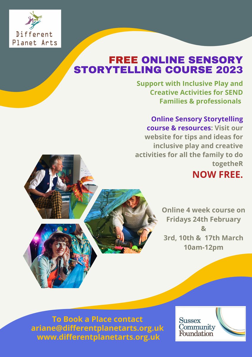 Thanks to a very kind donation, our sensory storytelling course is now FREE. See you there!
 For details or to book a place, please contact ariane@differentplanetarts.org.uk #inclusiveplay #sensorytheatre #sensoryplay  #disability #disabilityawareness #specialneedsfamily