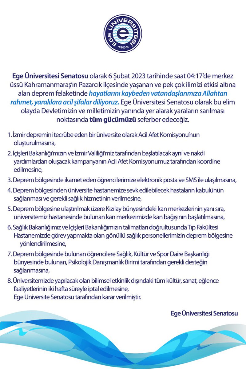 Ege Üniversitesi Senatosu olarak deprem gündemiyle olağanüstü toplantı gerçekleştirildi. Alınan kararlarla Devletimizin ve Milletimizin yanında yer alarak tüm gücümüzü seferber edeceğiz. #deprem