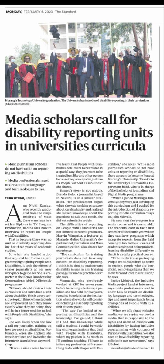 In today's @StandardKenya I've written a story advocating for disability reporting units in universities curricula #InclusiveReporting #MediaInclusivity
@MediaCouncilK @InternewsKE @jackielidubwi @Obwavo @MurangaUni @DiscoverJKUAT @Cavinceworld @vicbwire @DavidOmwoyo @BrendaHolo