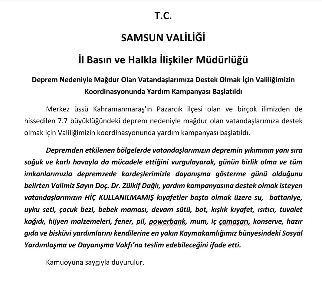 Deprem Nedeniyle Mağdur Olan Vatandaşlarımıza Destek Olmak İçin Valiliğimizin Koordinasyonunda Yardım Kampanyası Başlatıldı
👇
samsun.gov.tr/deprem-nedeniy…
<a href="/zulkifdagli/">Doç. Dr. Zülkif Dağlı</a>  
<a href="/muratagar60/">Murat AĞAR</a> 
<a href="/mehmetalikatip1/">Mehmet Ali KATİPOĞLU 🇹🇷</a>