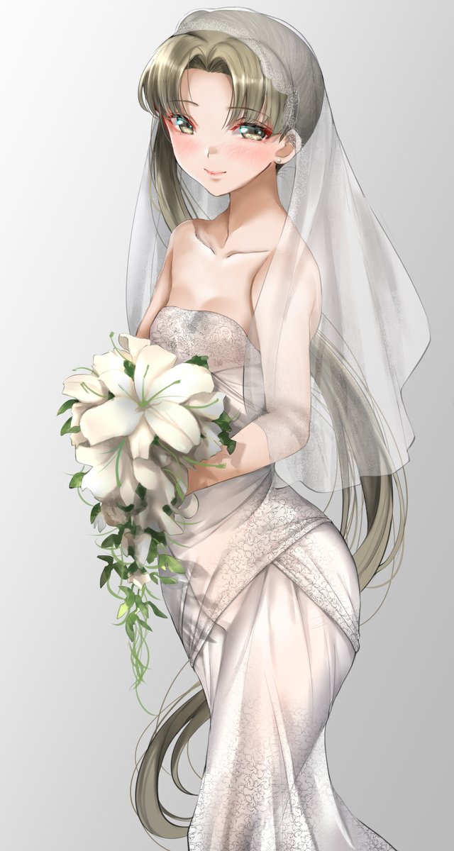 ayanami (kancolle) 1girl solo long hair dress veil wedding dress flower  illustration images