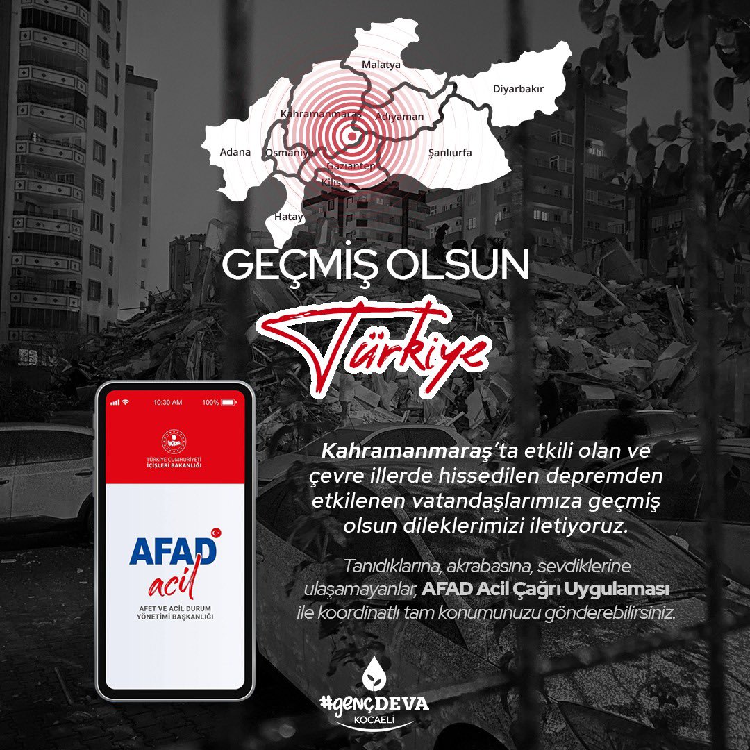 kocaeligencdeva's tweet photo. GEÇMİŞ OLSUN TÜRKİYE 🇹🇷 

Kahramanmaraş’ta etkili olan ve çevre illerde hissedilen depremden etkilenen vatandaşlarımıza geçmiş olsun dileklerimizi iletiyoruz.

#deva #genc #gencdeva #kocaeli #kahramanmaraş #deprem #kahramanmaraşdeprem https://t.co/8QVFXuhevH