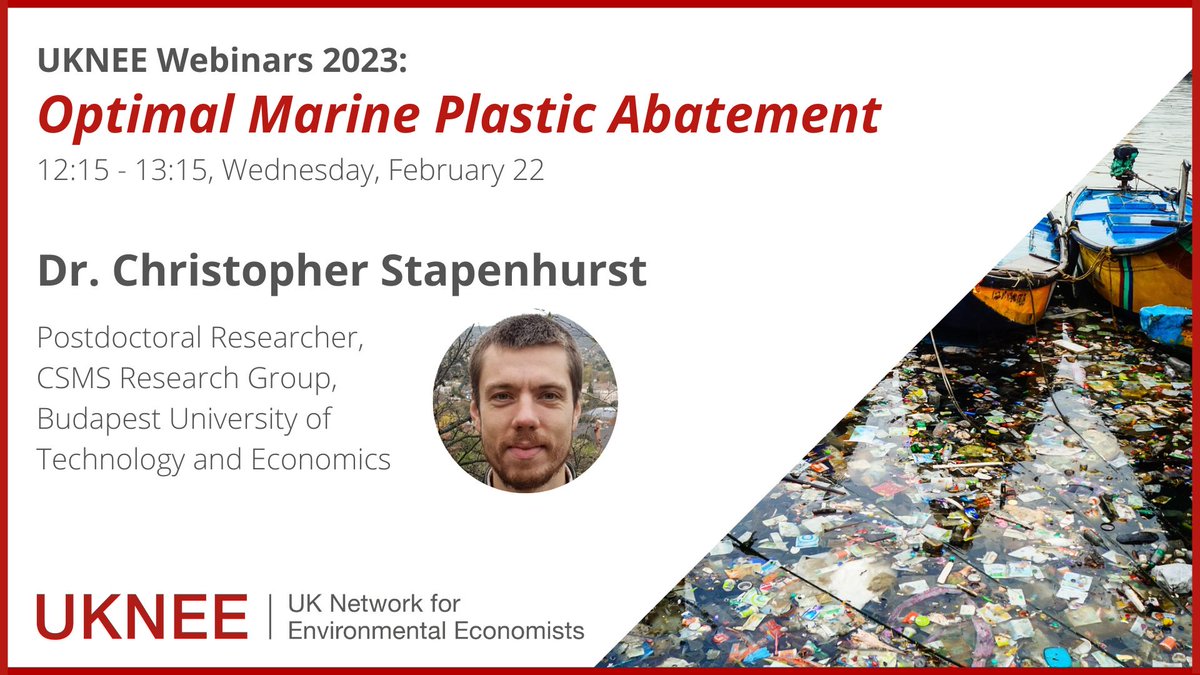 📣 Next Webinar: Feb 22

Estimating the welfare-optimal marine plastic abatement in international agreements with Dr Christopher Stapenhurst

More information &amp; tickets 👇
tickettailor.com/events/uknee/8…

#ocean #plastic #plasticpollution #JustTransition