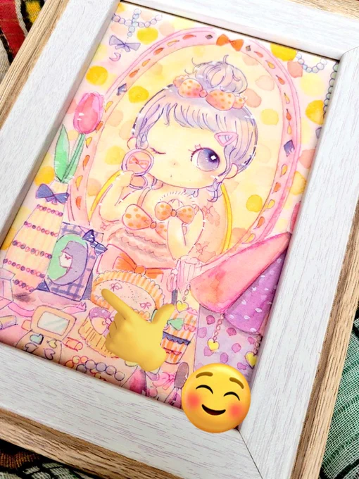 ミニ額原画「あこがれの人」「トモダチ」女の子が憧れてる女優さんと子どもの頃からずっと一緒のウサギのぬいぐるみを描きました女の子の鏡台には女優さんの写真が置いてあります～#キリトリ_セカイ 