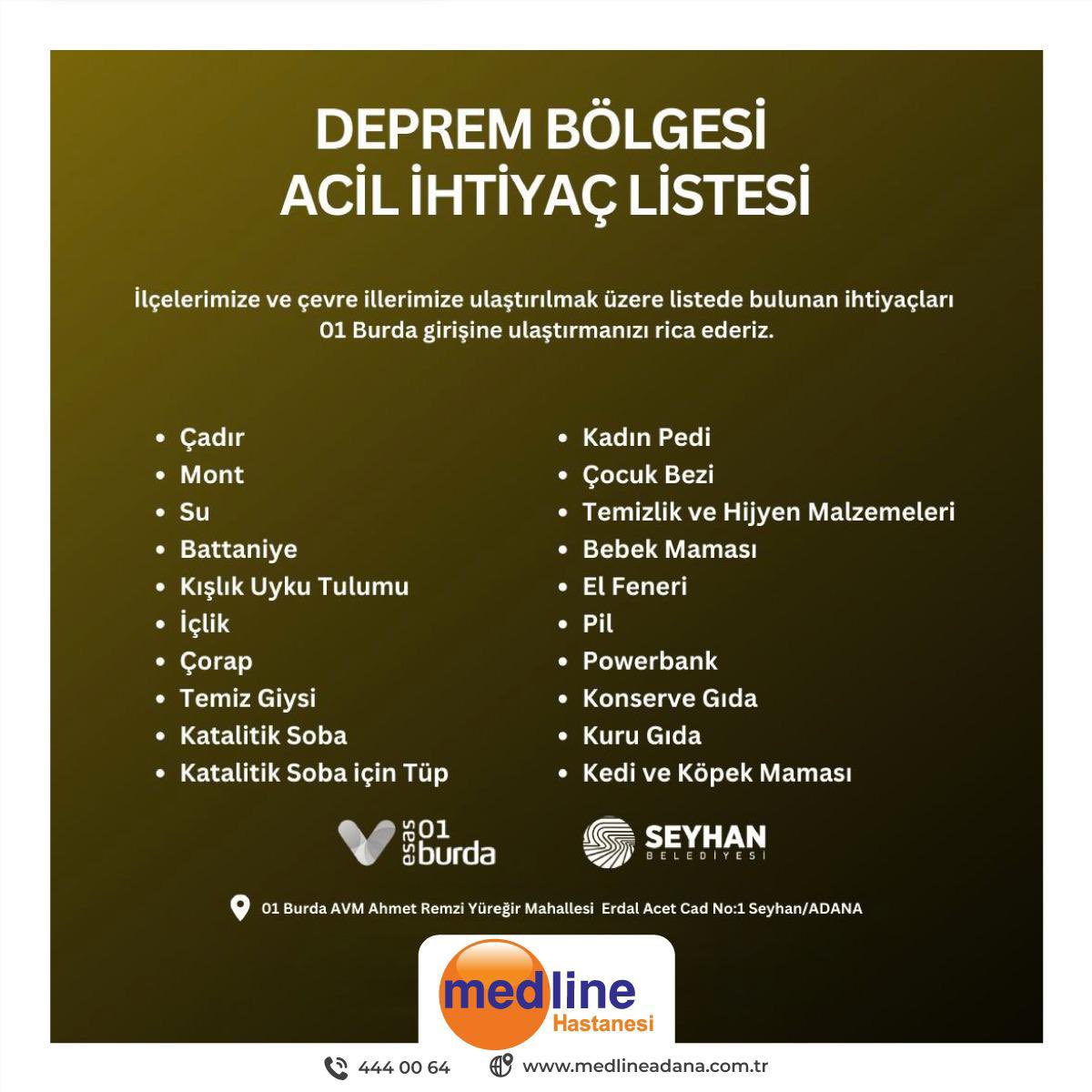 01 Burda AVM ile koordineli olarak Adana’mız ve çevre illerimize ulaştırılmak üzere listelenen ihtiyaçları 01 Burda girişine ulaştırmanızı rica ederiz.

<a href="/SeyhanBelediye/">Seyhan Belediyesi</a>