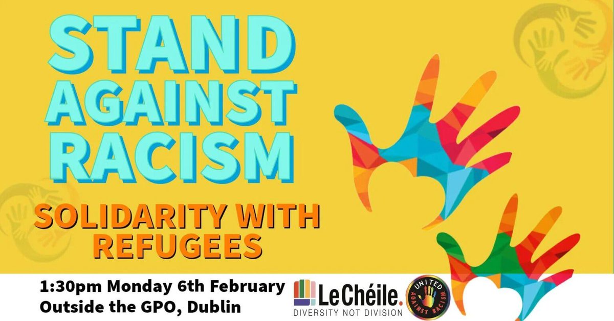 donna_cooney1's tweet photo. #StandAgainstRacism if you are in city 1.30pm today join us outside the GPO
Bring yourself, friends & positive messages. We will have our #northsideforall banner used on Fairview bridge. Well done to organisers @UnitedARacism Le Chéile Solidarity with Refugees #StrongerTogether https://t.co/XoedJp1JEN