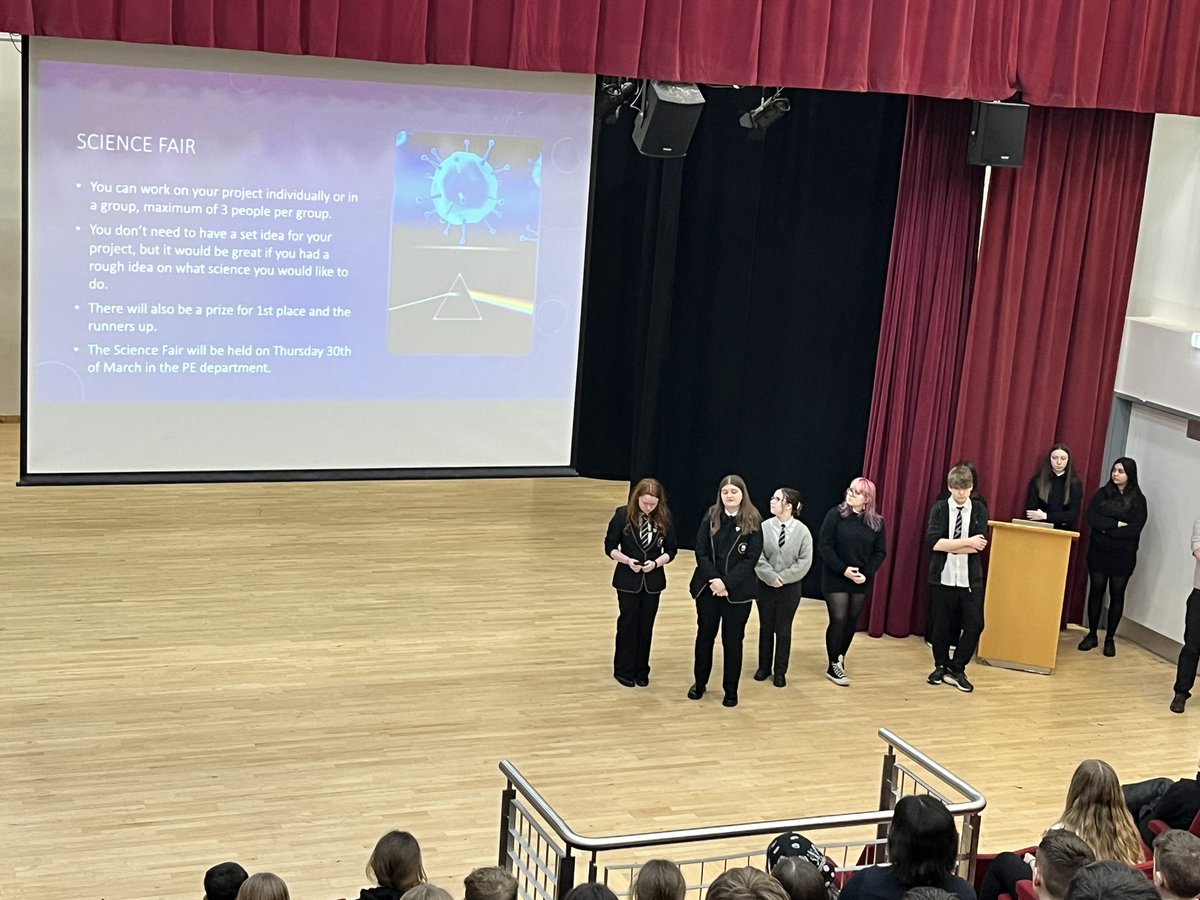 DeansScience's tweet photo. Our @deanschs Science Ambassadors had a busy week last week! They were speaking to parents and pupils about course choice at S2 parents evening on Thursday as well as speaking at S1, S2 &amp; S3 assemblies throughout the week to promote the launch of our 2023 Science Fair! https://t.co/gRzDHgPhDV