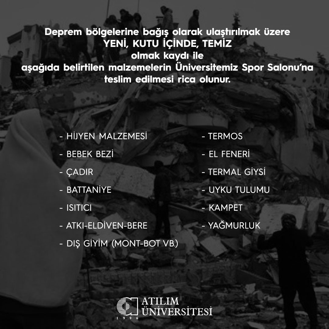 AtilimUniv's tweet photo. Deprem bölgesine ulaştırılmak üzere yardımlarınızı spor salonumuza bırakabilirsiniz. https://t.co/aRZz0VQVYT