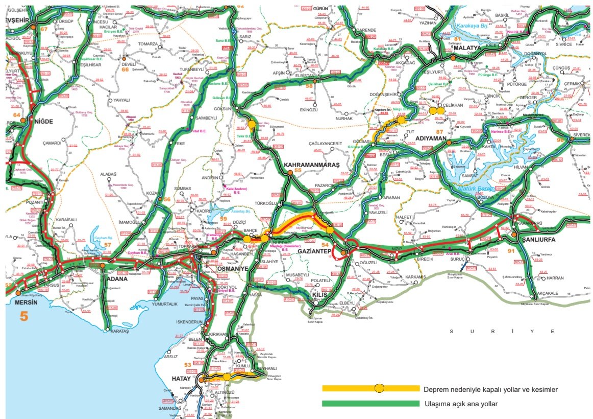 Deprem Nedeniyle Kapanan Yollar ve Alternatif Güzergâhlara İlişkin Türkiye Haritası⤵️