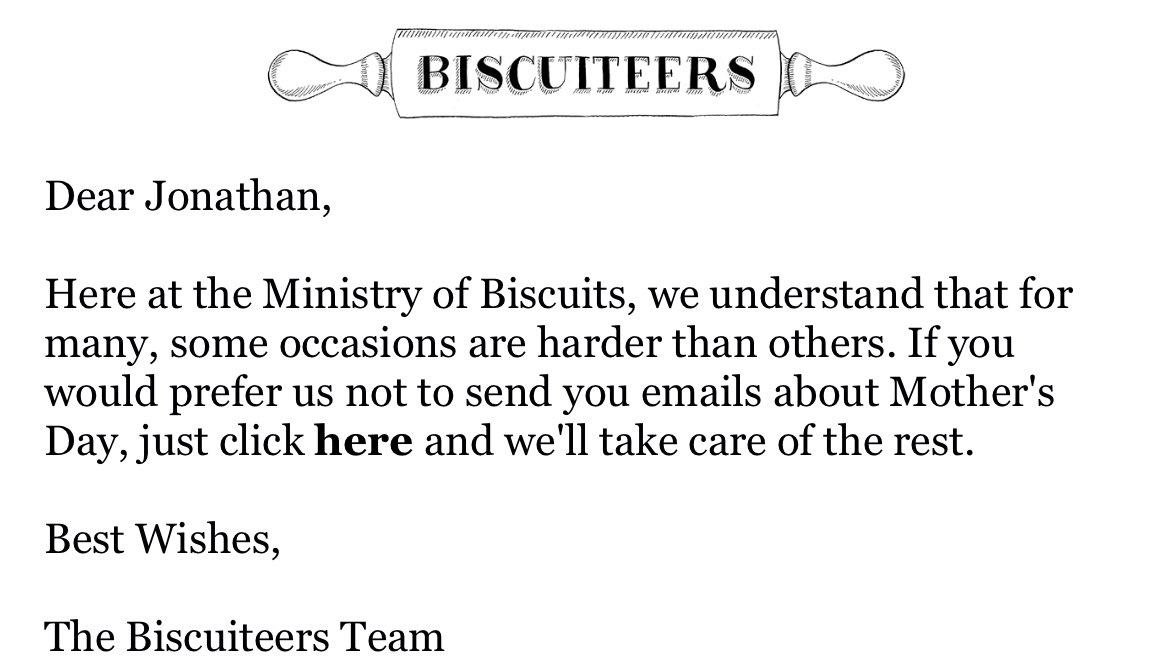 Now this is smart! 👇

Lovely idea from <a href="/BiscuiteersLtd/">Biscuiteers</a> 

Giving clients/customers the chance to customise their experience to avoid items that may upset/trigger.  Great awareness.

#creative #biscuits #experience