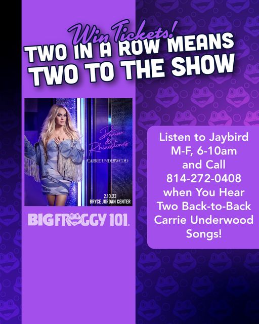 Big Froggy 101 (@bigfroggy1011) on Twitter photo Listen to Jaybird in the morning this week for your chance to win tickets to see <a href="/carrieunderwood/">Carrie Underwood</a> with <a href="/JimmieAllen/">Jimmie Allen</a> at the <a href="/JordanCenter/">Bryce Jordan Center</a> THIS FRIDAY! 🐸🎸🎼🎟
#denimandrhinestonestour #BigFroggy #CarrieUnderwood Listen to Jaybird in the morning this week for your chance to win tickets to see <a href="/carrieunderwood/">Carrie Underwood</a> with <a href="/JimmieAllen/">Jimmie Allen</a> at the <a href="/JordanCenter/">Bryce Jordan Center</a> THIS FRIDAY! 🐸🎸🎼🎟
#denimandrhinestonestour #BigFroggy #CarrieUnderwood