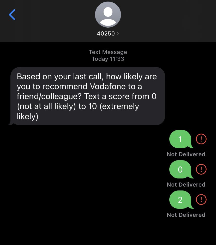 ⁦<a href="/VodafoneUK/">Vodafone UK</a>⁩ 🤔 low scores cannot be delivered on your customer survey (not the first time this has happened). What’s the odds that an 8 or higher will be delivered without hesitation!? I’m not testing the theory, btw… Really, truly awful.