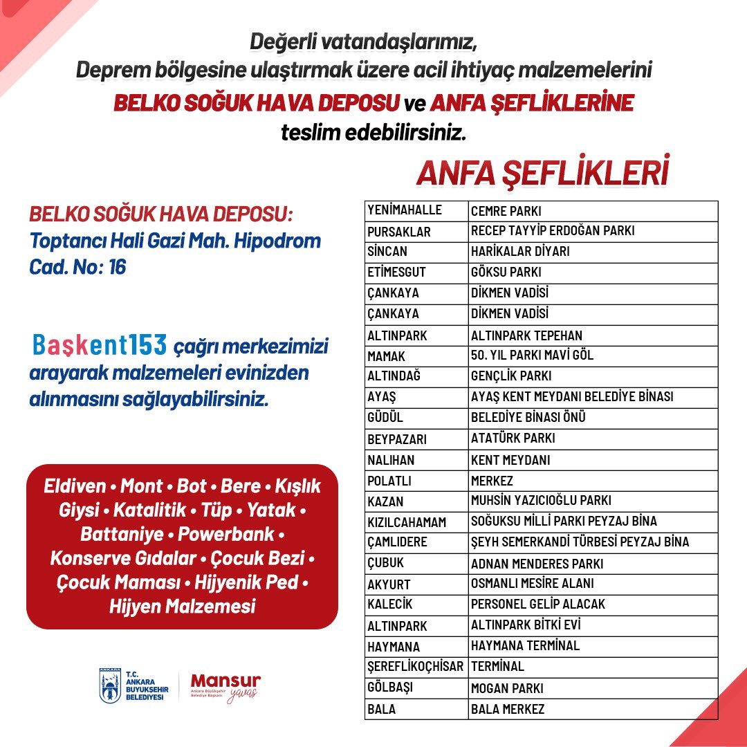 Deprem bölgesine ulaştırılmak üzere acil ihtiyaç malzemelerini BELKO SOĞUK HAVA DEPOSU ve ANFA ŞEFLİKLERİNE iletebilirsiniz.

Başkent 153 hattımızdan evinizden alınmasını istediğiniz ürünleri bizlere bildirebilirsiniz.  

📞 153