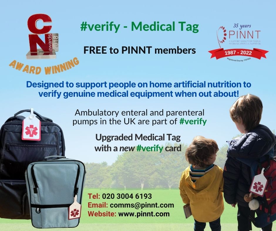 PINNTCharity's tweet photo. #Feedingtubeawarenessweek: 6 - 10 Feb 2023. We advocate that people on #HEN should feel safe to have their medical nutrition out &amp; about as they wish/need to! Award winning PINNT Medical Tag #verify if free to members. Full piece on our Facebook page: https://t.co/DhrY7S2WWk https://t.co/to0mUVVDki