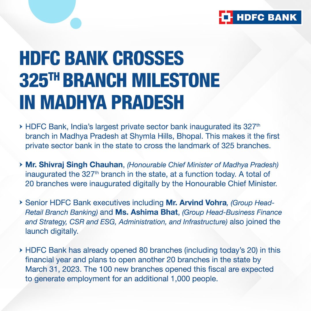 HDFCBankNews's tweet photo. HDFC Bank crosses 325th branch milestone in Madhya Pradesh!

Key highlights:
1)Honourable Chief Minister Shivraj Singh Chauhan digitally inaugurated 20 new branches in Bhopal, MP.
2)100 branches to be added this fiscal, which will create about 1000 jobs.
Read below to know more https://t.co/f8whJhaX6T