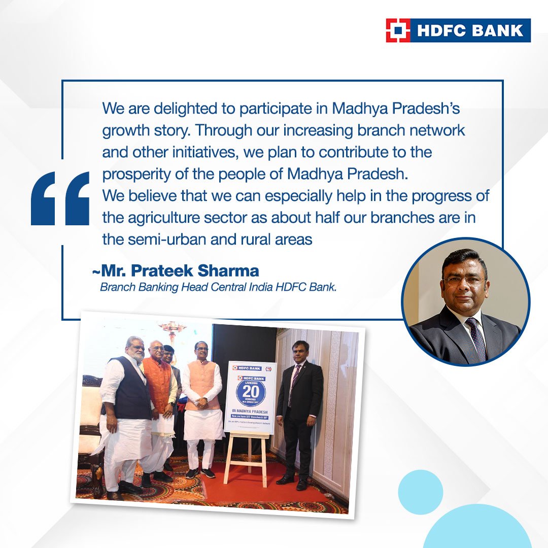 HDFCBankNews's tweet photo. HDFC Bank crosses 325th branch milestone in Madhya Pradesh!

Key highlights:
1)Honourable Chief Minister Shivraj Singh Chauhan digitally inaugurated 20 new branches in Bhopal, MP.
2)100 branches to be added this fiscal, which will create about 1000 jobs.
Read below to know more https://t.co/f8whJhaX6T