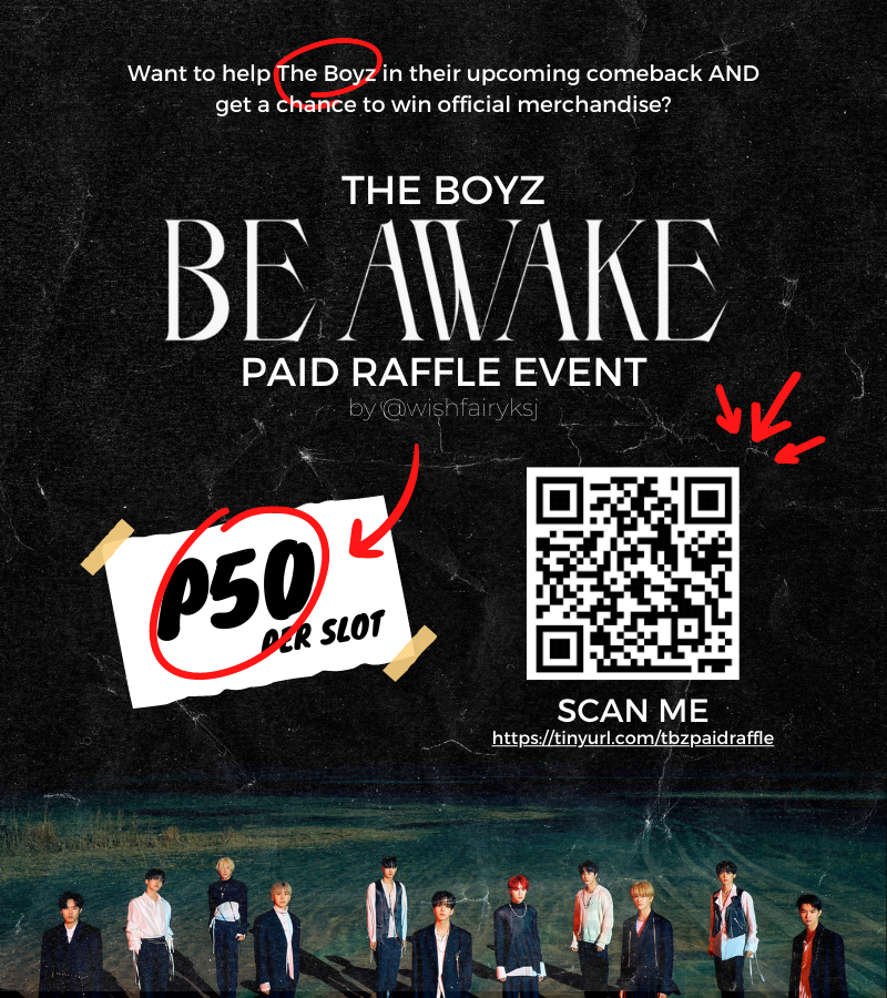 wishfairyksj's tweet photo. — #BE_AWAKE Paid Raffle Event by 
@wishfairyksj ★

🧾 : ₱50 per slot/entry

⋆ LIKE &amp; RT this tweet
⋆ Tag &amp; encourage fellow The Bs to join &amp; donate
⋆ All raised funds will be donated to 
@TBZFUNDS_PH / @tbzfunds

🗒️ Donation Form : https://t.co/JiCgoNVcQe

#THEBOYZ #ROAR https://t.co/LDQNo4L5Dr