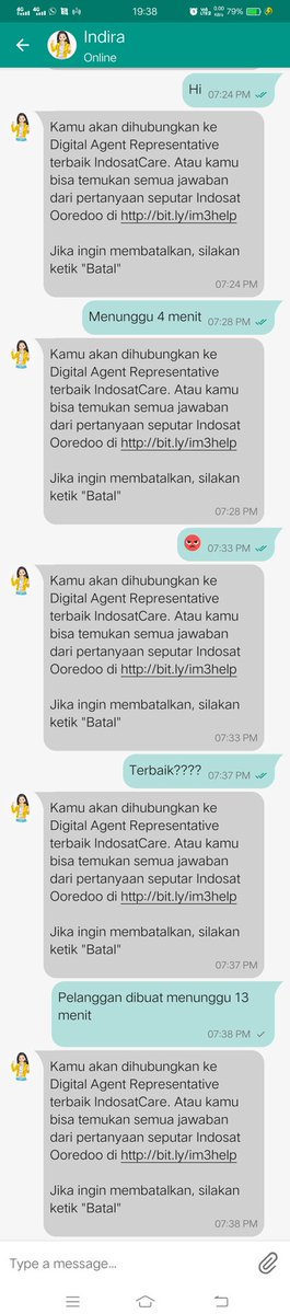 MFArifianto's tweet photo. @indosat Kalian sebut Digital Agent Representatif terbaik indosat care. TERBAIK dari mana????? Masa pelanggan menunggu sampai 13 menit. Nanti setelah di jawab itu agent ga nunggu langsung di matikan. Niiih SC nya https://t.co/QYvf9EaeO7