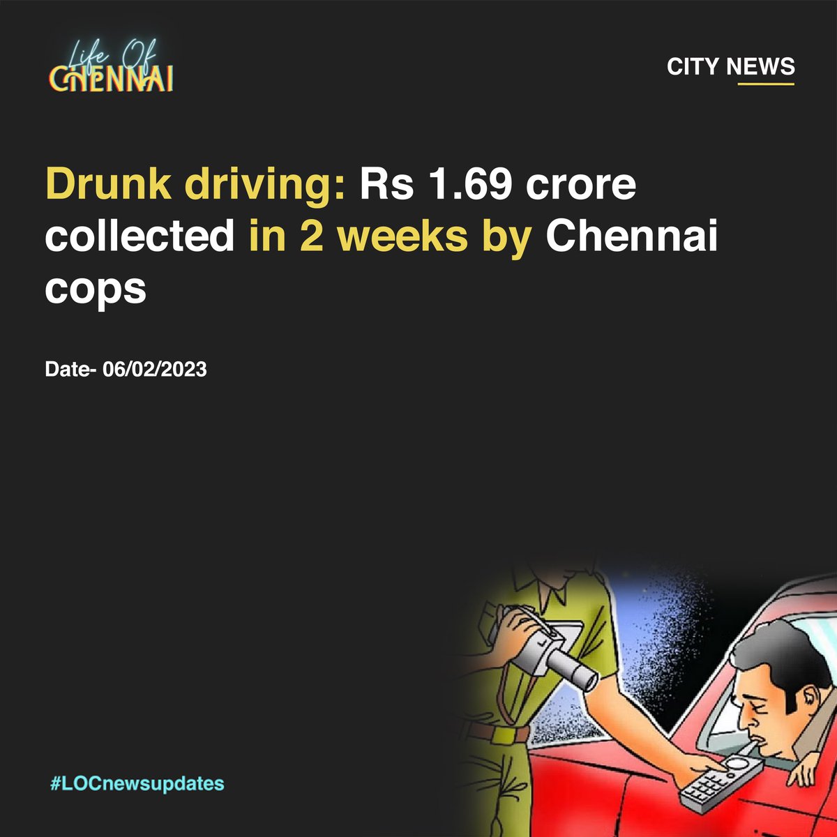 Lifeofchennaii's tweet photo. In the last two weeks, Chennai City traffic police have collected a fine of Rs 1.69 crore from pending drunk driving cases, disposing about 1628 cases.

#chennai #chennainews #news #drinkanddrive #penalty #lifeofchennai #idhuchennaimacha https://t.co/zJno6cORZP