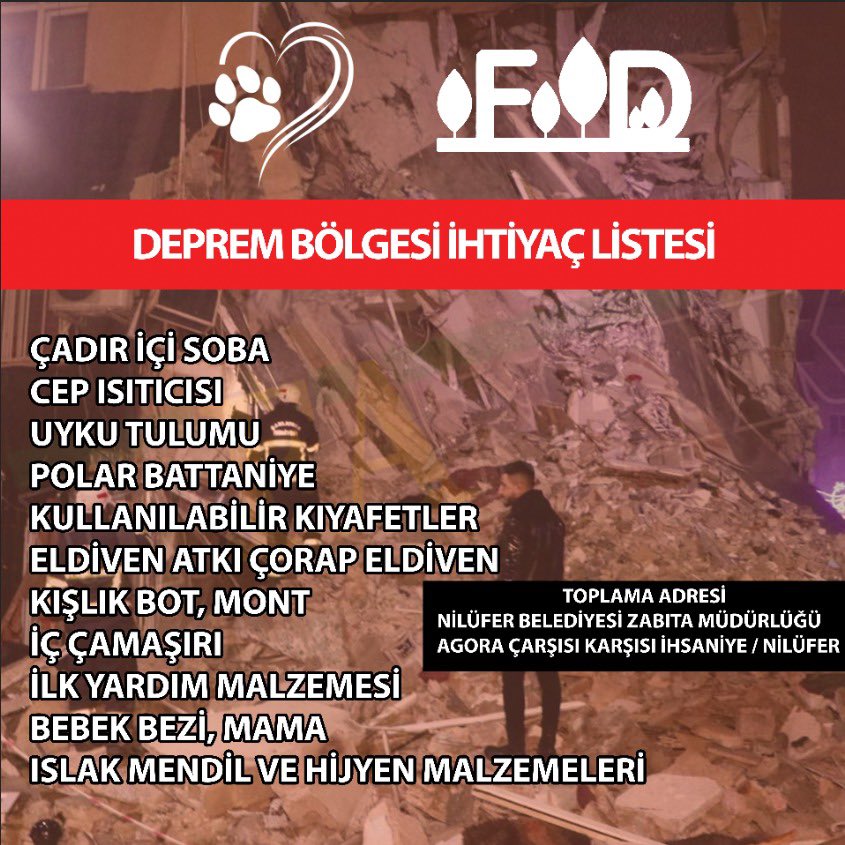 Bursada bulunan ve olumsuz hava koşullarından dolayı ulaşım problemi yaşayan gönüllülerimiz, malzemeleri ulaştırmak için bizimle iletişime geçebilir. Ekibimiz gün içinde teslim alacaktır. #deprem