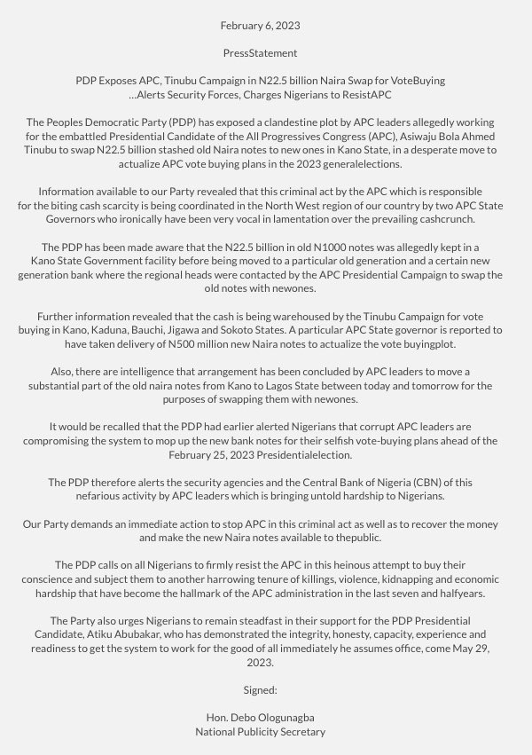 OfficialPDPNig's tweet photo. @OfficialPDPNig Exposes @OfficialAPCNg, @officialABAT Campaign in N22.5 billion Naira Swap for Vote Buying
…Alerts Security Forces, Charges Nigerians to Resist APC. Read more below 👇 https://t.co/BvL2ZjS2My