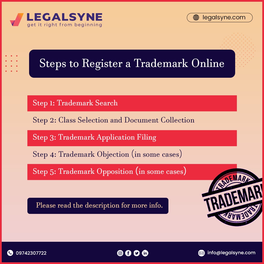 LegalSyne's tweet image. Step 1:Trademark Search
Step 2:Class Selection and Document Collection
Step 3:Trademark Application Filing
Step 4:Trademark Objection
Step 5:Trademark Opposition
#TrademarkSearch #ClassSelection #DocumentCollection #TrademarkApplication #TrademarkObjection #TrademarkOpposition