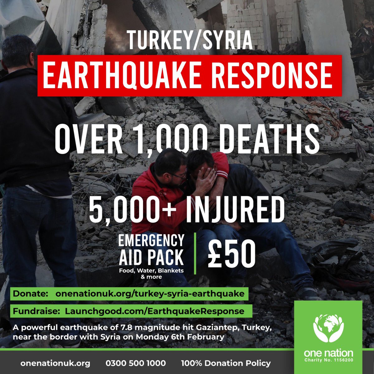 One_NationUK's tweet photo. This morning one of the most powerful earthquakes has killed over 1000 people in Turkey and Syria and trapped many more.

Our teams are already delivering emergency aid parcels consisting of food, water and other items.

Donate at:  
https://t.co/UCyOz9gGnd https://t.co/xepvDBNUh1