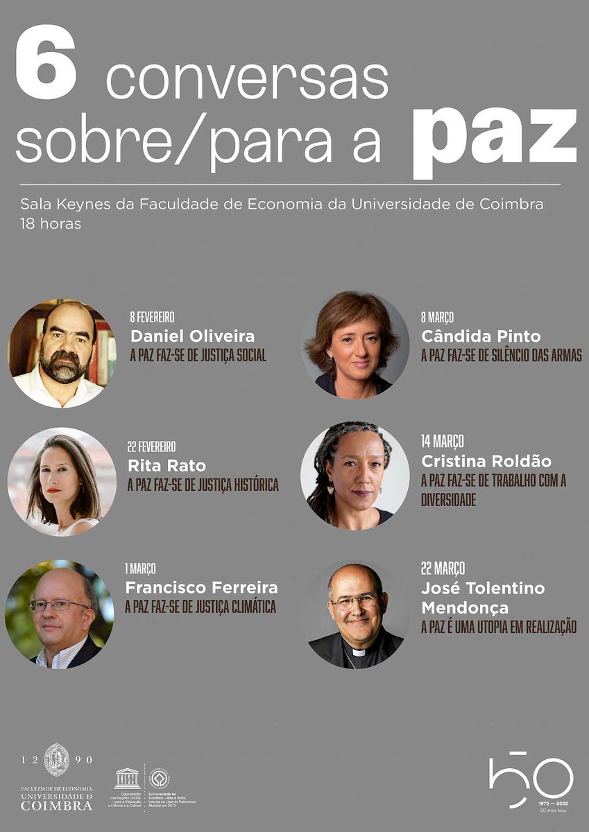 A primeira conversa do Ciclo de “Seis Conversas sobre/para a Paz” decorre já esta semana.
Daniel Oliveira é o primeiro convidado, que abordará "A Paz faz-se de justiça social".
#eventosfeuc #feuc #paz #relaçõesinternacionais #ucoimbra #DanielOliveira