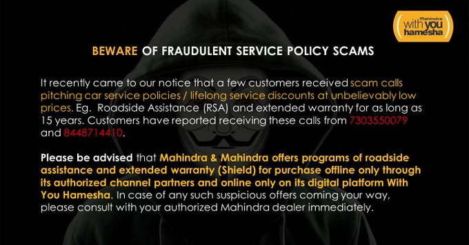 18002096006's tweet photo. Caution! Please be wary of scamsters who pitch unrealistic car policies. You can always verify genuine schemes of Mahindra on https://t.co/MdIunwmBIb or connect with your Mahindra authorized dealership.

#WithYouHamesha https://t.co/bOqAX9JhxS