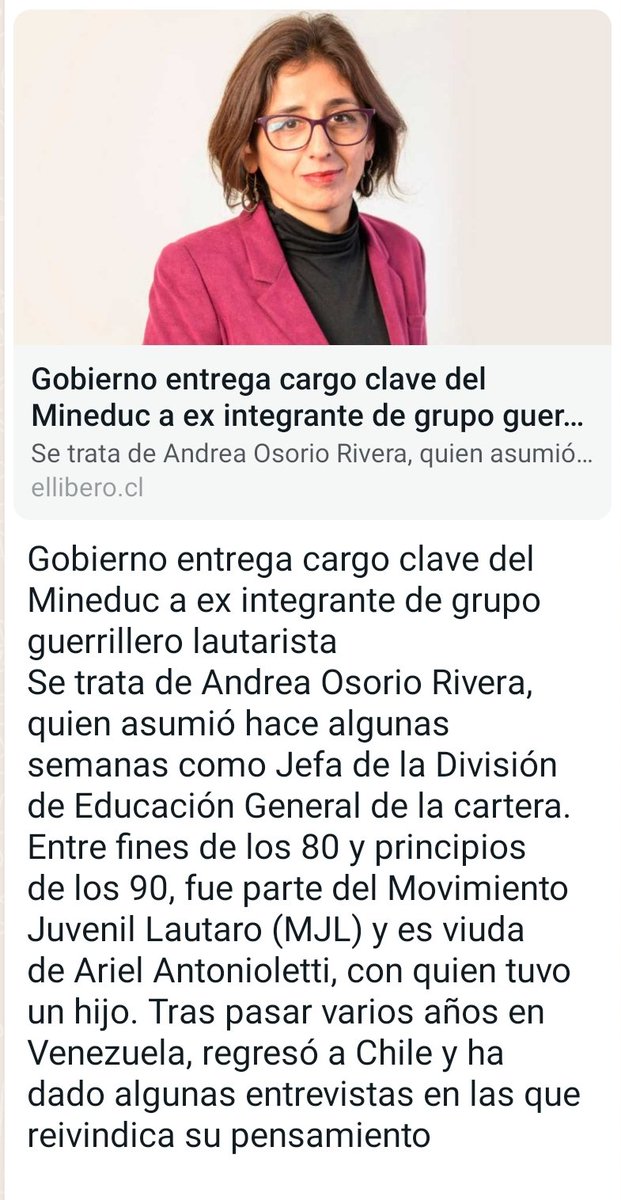 No puedo dejar pasar esta noticia!!
La nueva Jefa de División de Ed. General es guerrillera y viuda de un asesino de carabineros . 
Ella tomará decisiones claves sobre la educación de nuestros hijos!! 
Amén de los terribles incendios esto es un "incendio" educativo