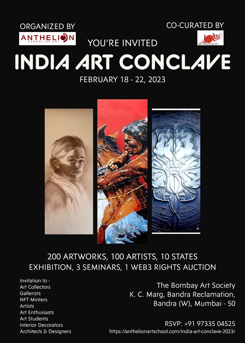 BombayArtSoc's tweet photo. Anthelion Art School is presenting his show from 18 to 22 Feb, 2023 at The Bombay Art Society, Gallery
No 1, 2 & 3 , Bandra Reclamation, K C Marg, Bandra(W), Mumbai 400050. Please do visit.
#bombayartsociety #artexhibition #BASgalleries https://t.co/23kLqvlArg