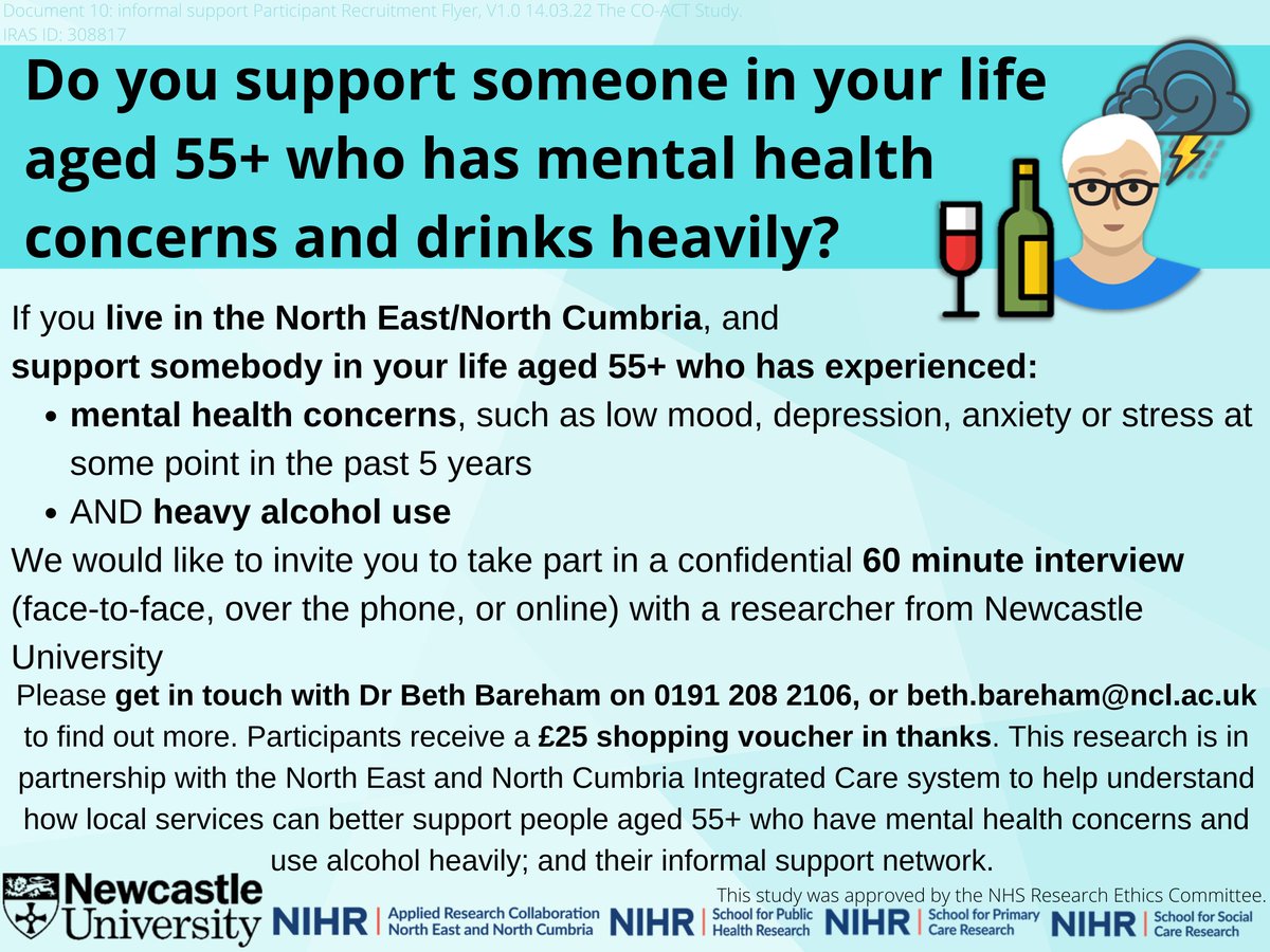 Dr Beth Bareham (@bkbareham) on Twitter photo please share!
Can you help? We want to speak to people living in North East/North Cumbria who have a friend/family member aged 55+ with mental health concerns such as low mood, depression, anxiety or stress, and drinks heavily. More info below
<a href="/NIHR_ARC_NENC/">NIHR ARC North East and North Cumbria</a> @VOICE__Global please share!
Can you help? We want to speak to people living in North East/North Cumbria who have a friend/family member aged 55+ with mental health concerns such as low mood, depression, anxiety or stress, and drinks heavily. More info below
<a href="/NIHR_ARC_NENC/">NIHR ARC North East and North Cumbria</a> @VOICE__Global