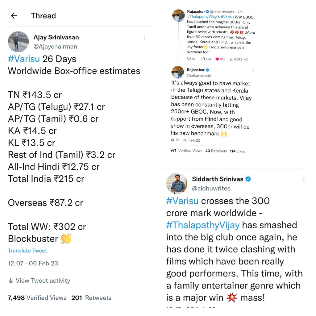 Ajaychairman's tweet photo. Trackers tracked no.venuma- IRUKKU

Portals tracked no. venuma-
IRUKKU

4th week theatres post &amp; showcount venuma-
IRUKKU

Producer post venuma-
ATHUVUM IRUKKU 

One perfect instance of everything in sync adding authencity to box-office 👏

#VarisuHits300Crs 
#Varisu https://t.co/zILbJQlMpQ