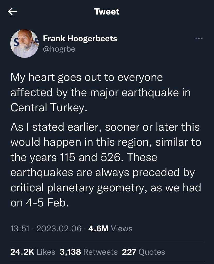 Түркийн газар хөдлөлтийг 3 хоногийн өмнө байршил, хүч, хугацаагаар 95% үнэн тааж хэлсэн нэг хүн байна. 😉
Гэхдээ энэ хүн ямар нэг үзмэрч, бөө удган биш. Одон орны байрлал, газар хөдлөлтийн дата судалж байгаад таамагладаг. Сонирхолтой л юм. <a href="/hogrbe/">Frank Hoogerbeets</a> 😉