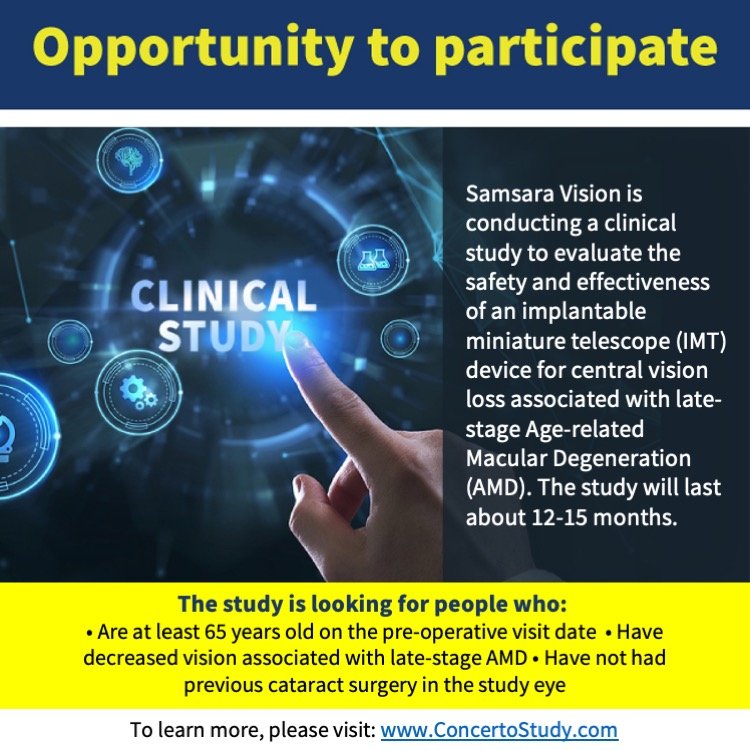 PBA_savingsight's tweet photo. #AMDAwarenessMonth: We're sharing the opp. to participate in a clinical study by Samsara Vision to evaluate the safety/effectiveness of an implantable miniature telescope device for central vision loss assoc. w/ late-stage AMD.
Info. at: https://t.co/4jW0eh5Pgk
#clinicaltrials https://t.co/LvI5gkzGVx