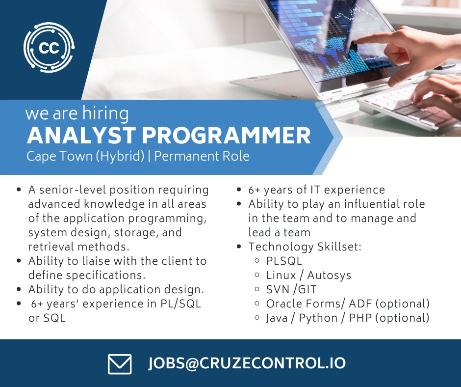 CruzeControl_'s tweet image. We are #hiring Analyst Programmers in Cape Town. To find out more, email us (jobs@cruzecontrol.io)

#nowhiring #analystprogrammer #drivingtechnology #joinCCT #Linux #GIT #PLSQL #SQL #teamleader