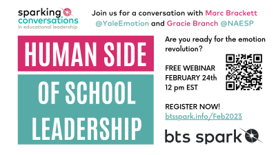 btssparkus's tweet photo. Join us for our next #SparkingConversations webinar on the Human Side of School Leadership with @marcbrackett @YaleEmotion and @branch7 @NAESP Feb 24 12pm EST #btsspark #SEL #wholechild #wholeeducator Reg at https://t.co/GAomQNmwtz https://t.co/Vkt4cBeeVK