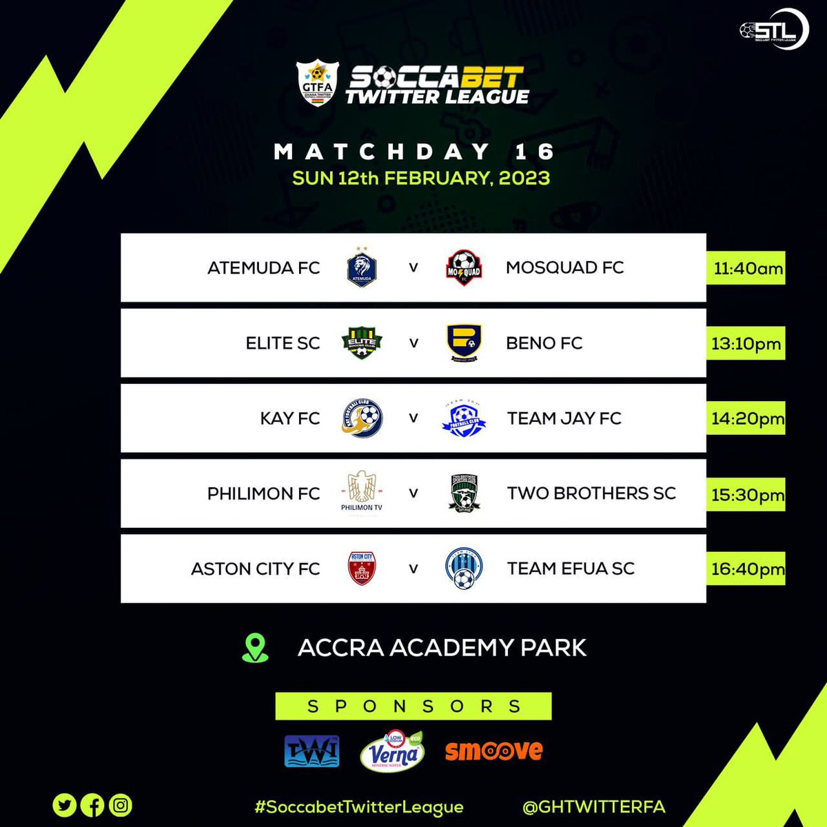 #SoccabetTwitterLeague MatchDay 16 

Venue🏟️: Accra Academy Astro Turf
Time ⌚️: 11:40 am sharp 
Date: Sunday 12th February 2023

We they together