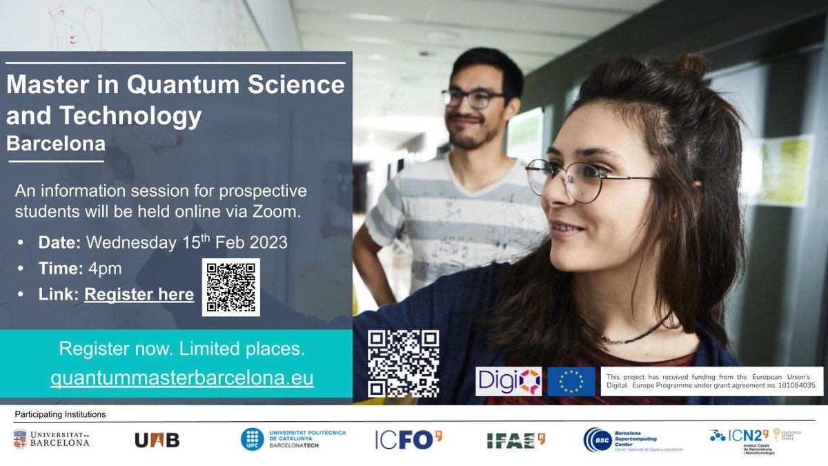 📢The Master in Quantum Science and Technology @ #Barcelona welcomes applications for the 23-24 school year!

🗣️Online information session👉bit.ly/3l5tT57
📆15 February at 4PM

🔗+info👉quantummasterbarcelona.eu