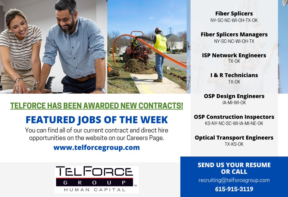 Looking for your next job opportunity? Here’s our Featured Jobs of the Week!

#telecommunications #telecom #jobs #telecomjobs #nationwide #outsideplant #fibersplicers #designengineers #engineers #engineerjobs #networkengineers #telforcegroup