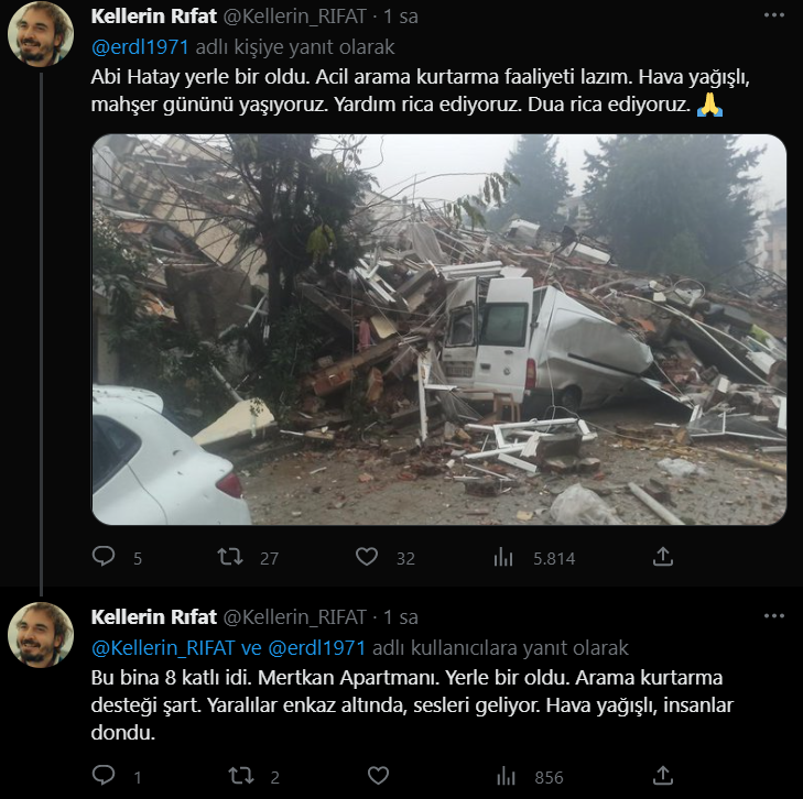 berkay_karkas's tweet photo. Arkadaşım Oğuzhan Uzar ve annesi Hülya Akdeniz'den saatlerdir haber alamıyoruz.  LÜTFEN YARDIM EDİN. PAYLAŞIN DUYURUN. SAATLERDİR ORADAN SESLER GELİYOR DİYE BELİRTİYORLAR.  Akevler mahallesi Şehit İrfan Fansa sokak Betonsan Sitesi Mertkan apartmanı Antakya
#deprem #AFAD #Hatay https://t.co/rSt9mTnmDo