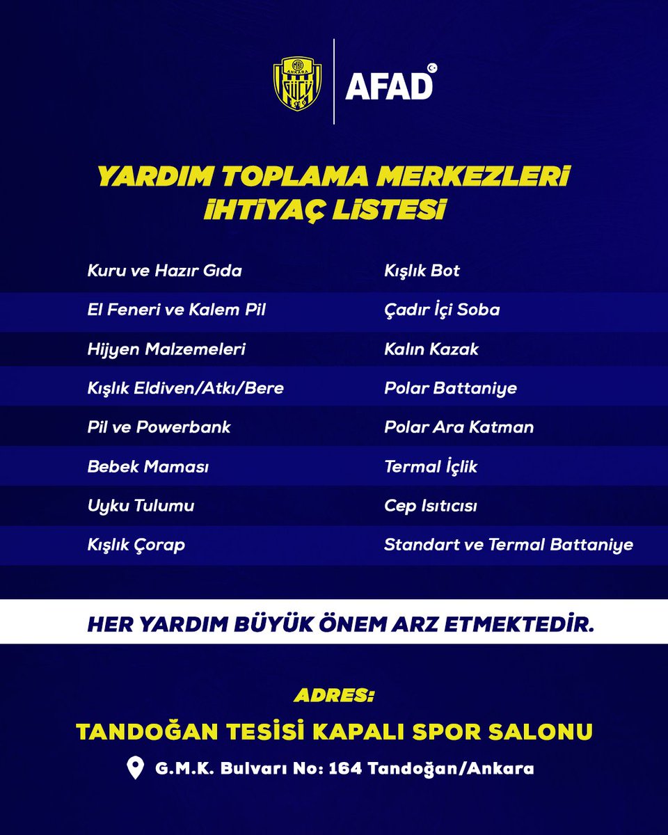Ankara'yı ve Ankaragücü taraftarlarını, depremden etkilenen tüm vatandaşlarımızın yanında olmaya davet ediyoruz.

Yardım Toplama Merkezi: Tandoğan Tesisi Kapalı Spor Salonu - G.M.K. Bulvarı No: 164 Tandoğan/Ankara