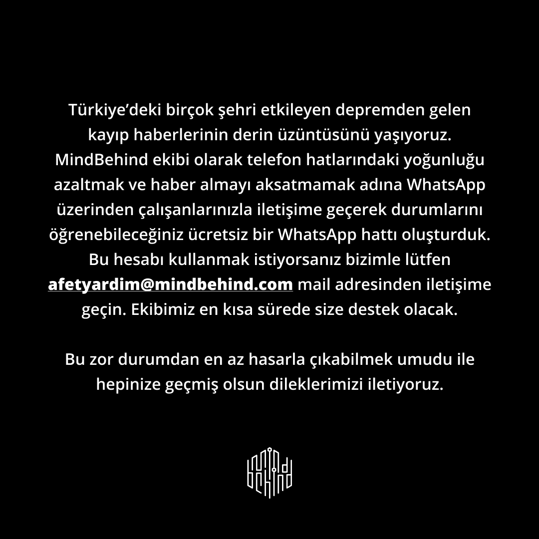 mindbehindcom's tweet photo. Telefonlardaki yoğunluğu azaltmak ve haber alabilmek adına WhatsApp'tan çalışanlarınızın durumunu öğrenebileceğiniz ücretsiz bir Afet Destek Hattı oluşturduk. Bu hesabı kullanmak istiyorsanız bizimle afetyardim@mindbehind.com mail adresinden iletişime geçebilirsiniz. #deprem https://t.co/8MMToRjDuA