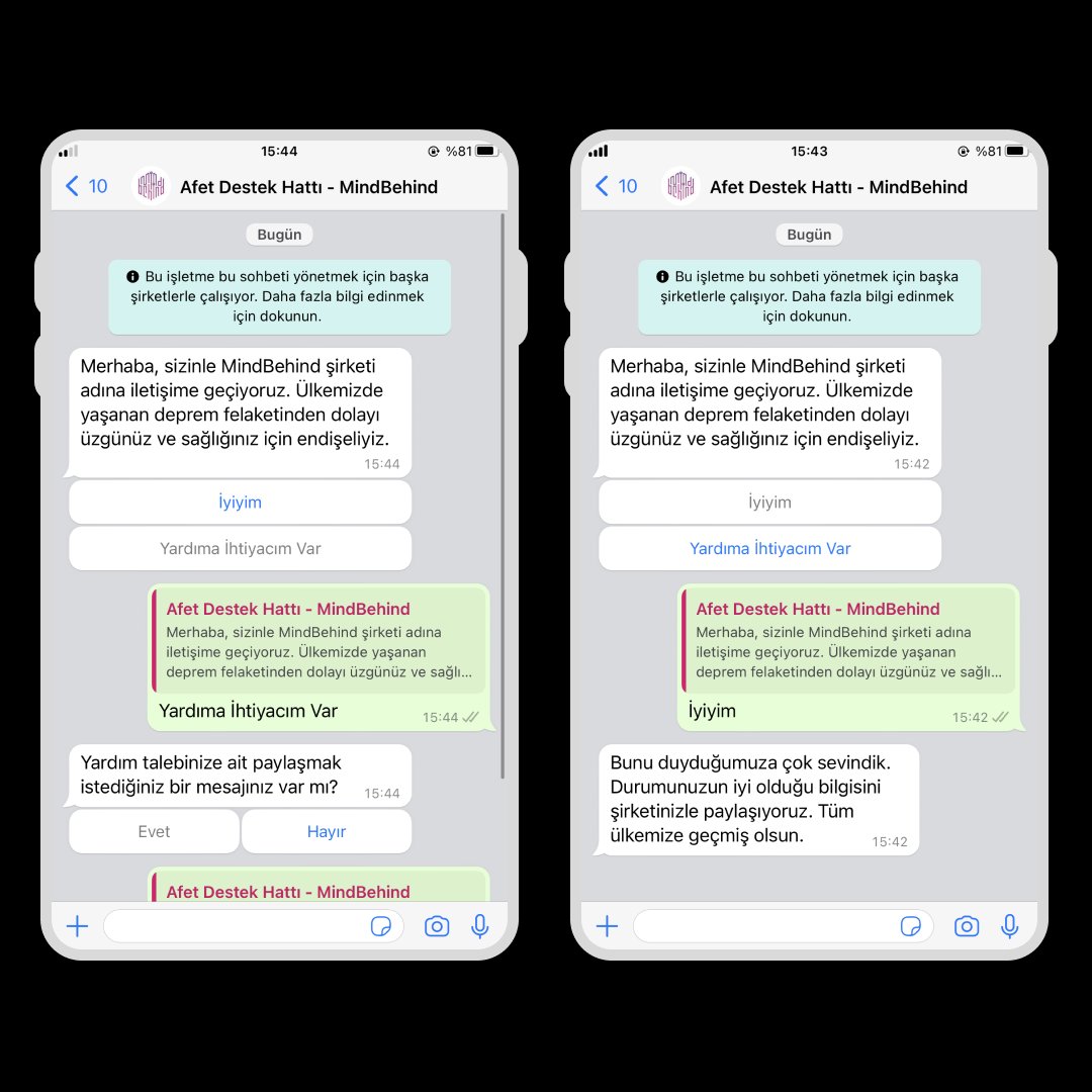 mindbehindcom's tweet photo. Telefonlardaki yoğunluğu azaltmak ve haber alabilmek adına WhatsApp'tan çalışanlarınızın durumunu öğrenebileceğiniz ücretsiz bir Afet Destek Hattı oluşturduk. Bu hesabı kullanmak istiyorsanız bizimle afetyardim@mindbehind.com mail adresinden iletişime geçebilirsiniz. #deprem https://t.co/8MMToRjDuA