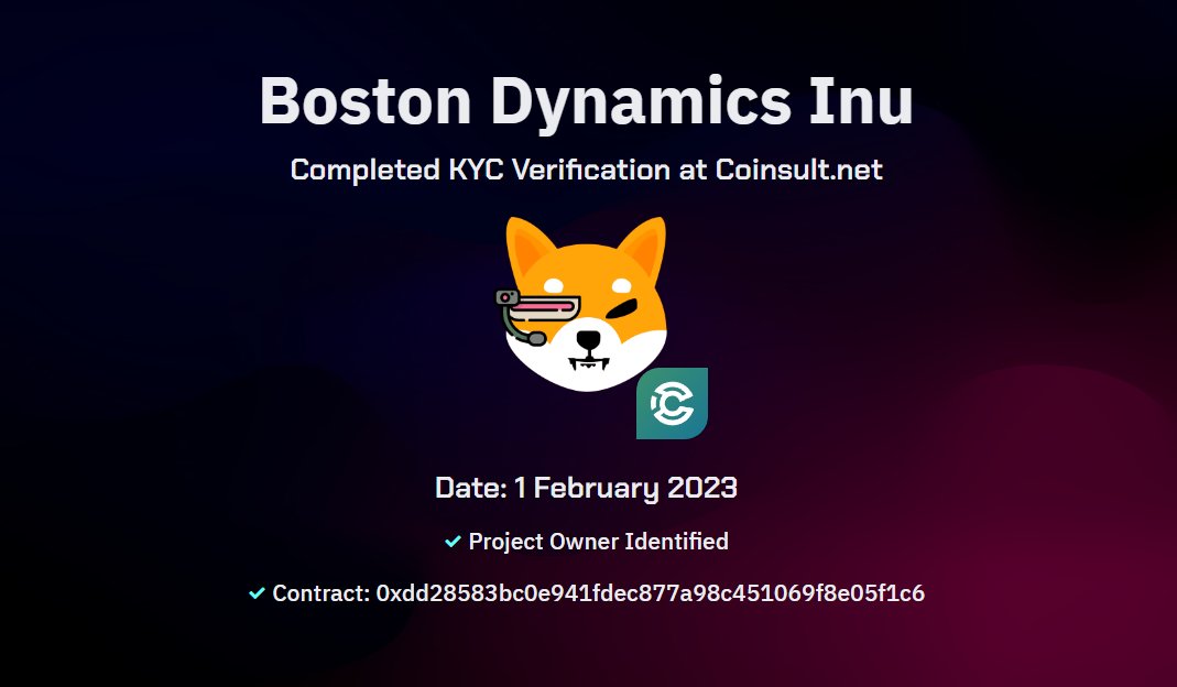 🔒 New audit completed for @BostonDyn_Inu 🐦Twitter: twitter.com/BostonDyn_Inu 📱 Telegram: t.me/bostondynamics… 🌐 Website: bostondynamicsinu.com